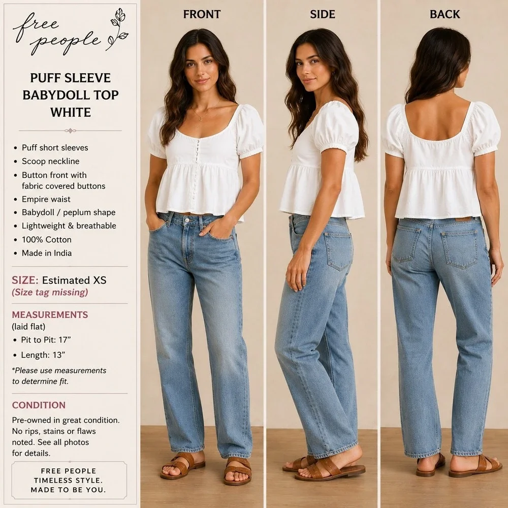 Free People Womens XS White Puff Sleeve Babydoll Peplum Cotton Blouse Boho